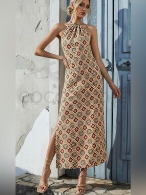 Bohemian Floral Print Backless Halter Top  Sundress